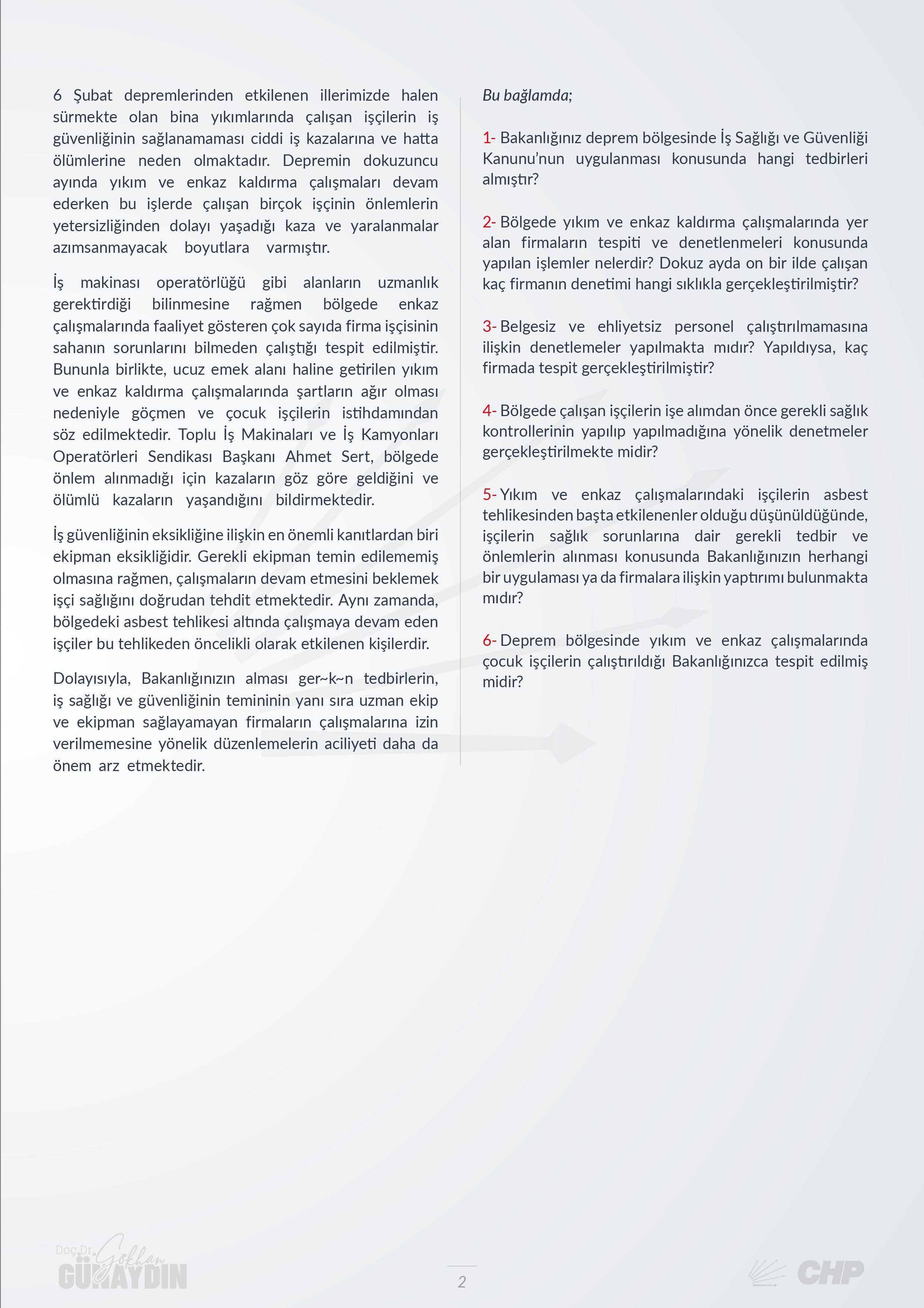 CHP’li Günaydın'dan, Çalışma ve Sosyal Güvenlik Bakanı Vedat Işıkhan’ın yanıtlaması istemiyle ülkemizdeki İş Sağlığı ve Güvenliği ile ilgili soru önergesi!