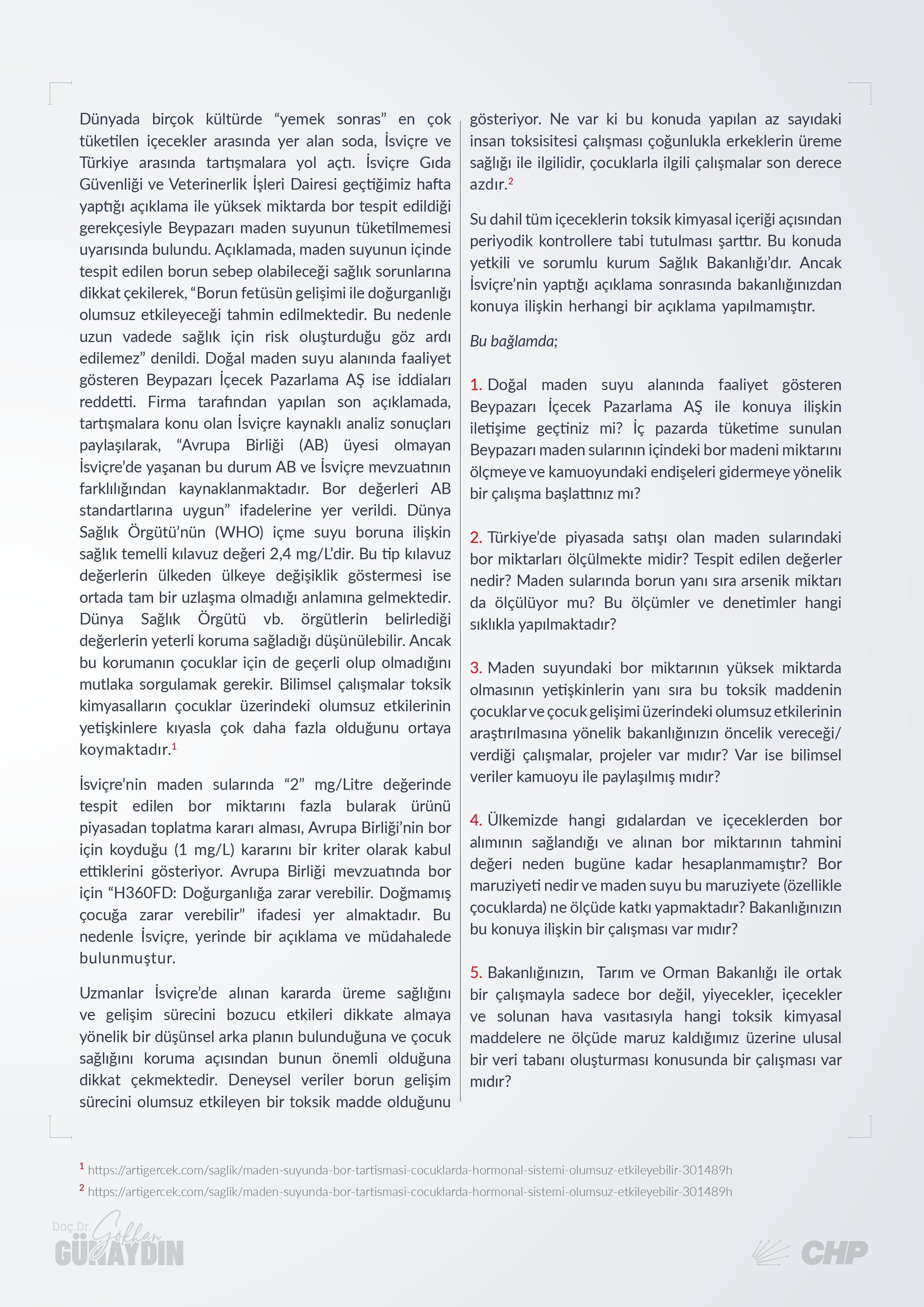 İsviçre Federal Gıda Güvenliği Dairesi: Beypazarı Maden Suyunu Tüketmeyin
