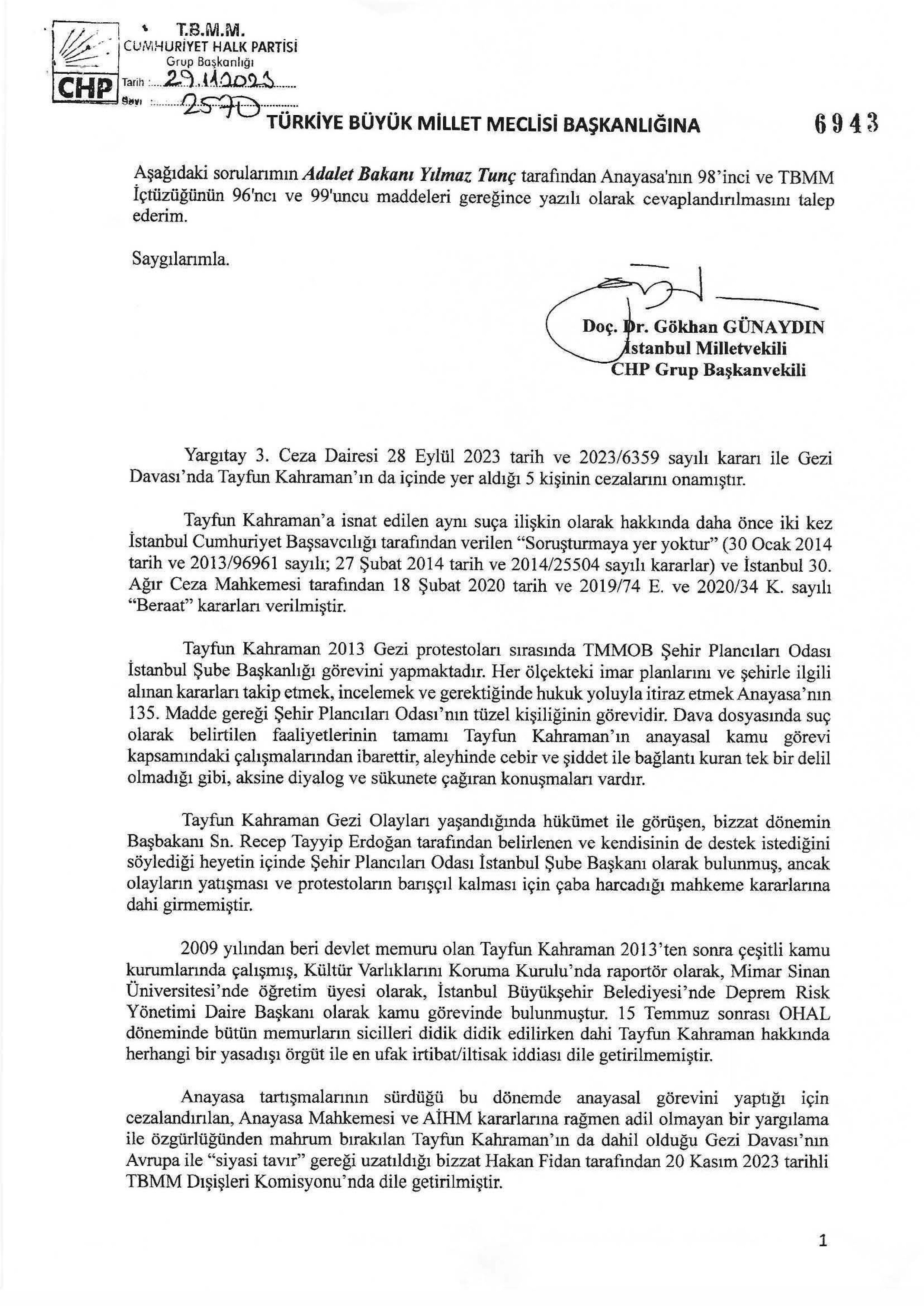 Tayfun Kahraman Hakkında Soru Önergesi