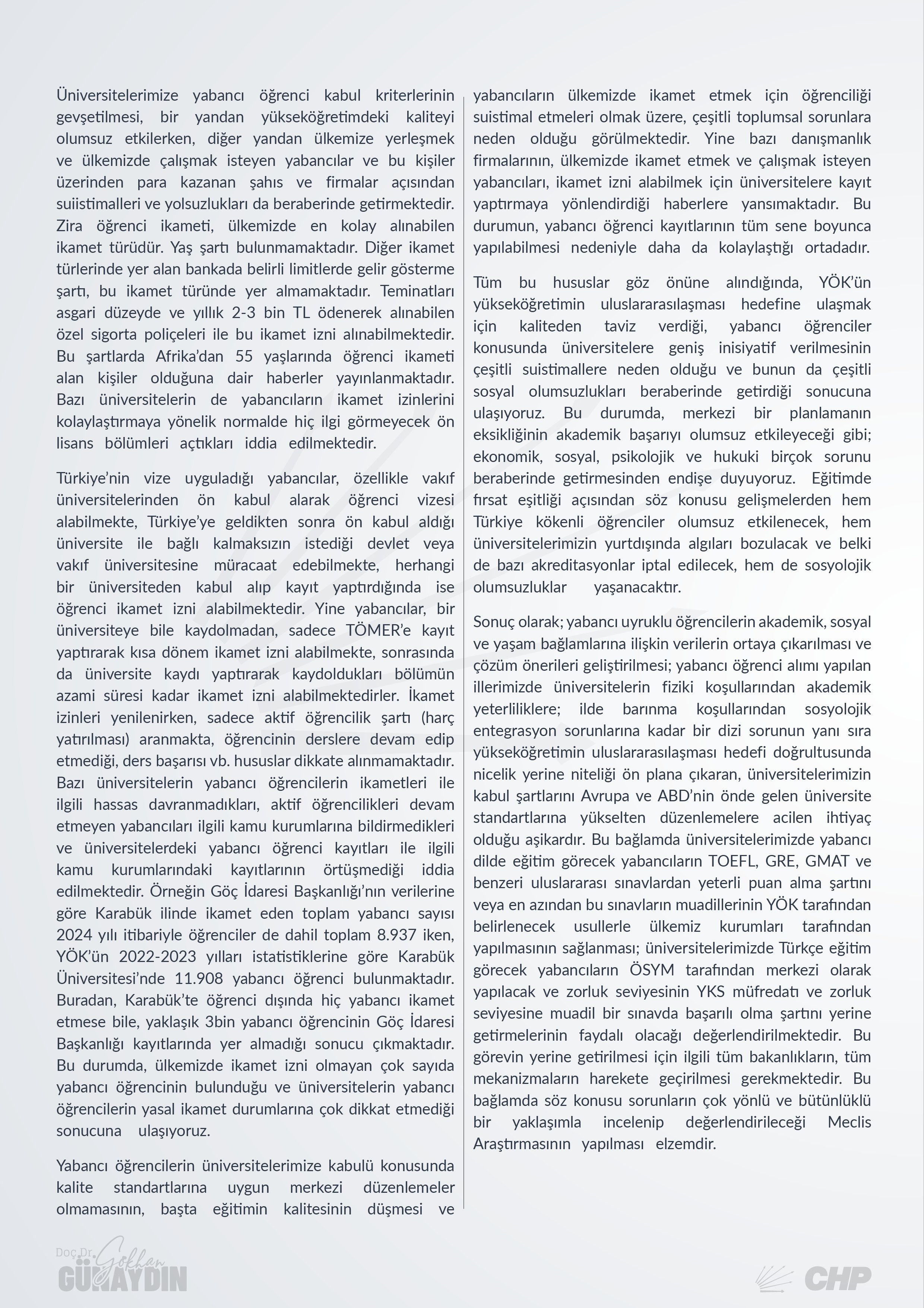 Yabancı Öğrenciler Hakkında Araştırma Önergesi