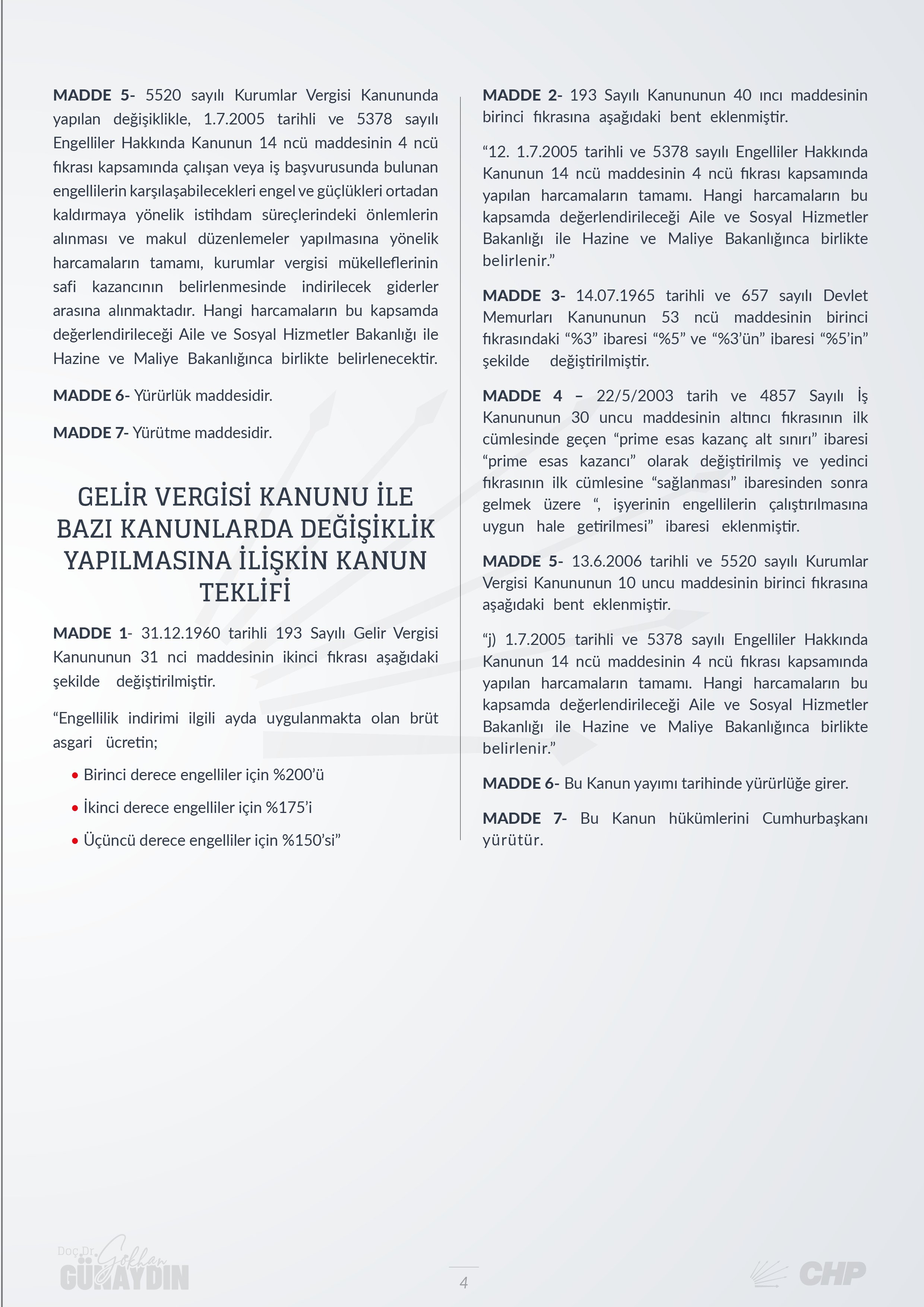 Cumhuriyet Halk Partisi Grup Başkanvekili Gökhan Günaydın, engelli istihdamı ile ilgili kanun teklifini TBMM Başkanlığı’na sundu.