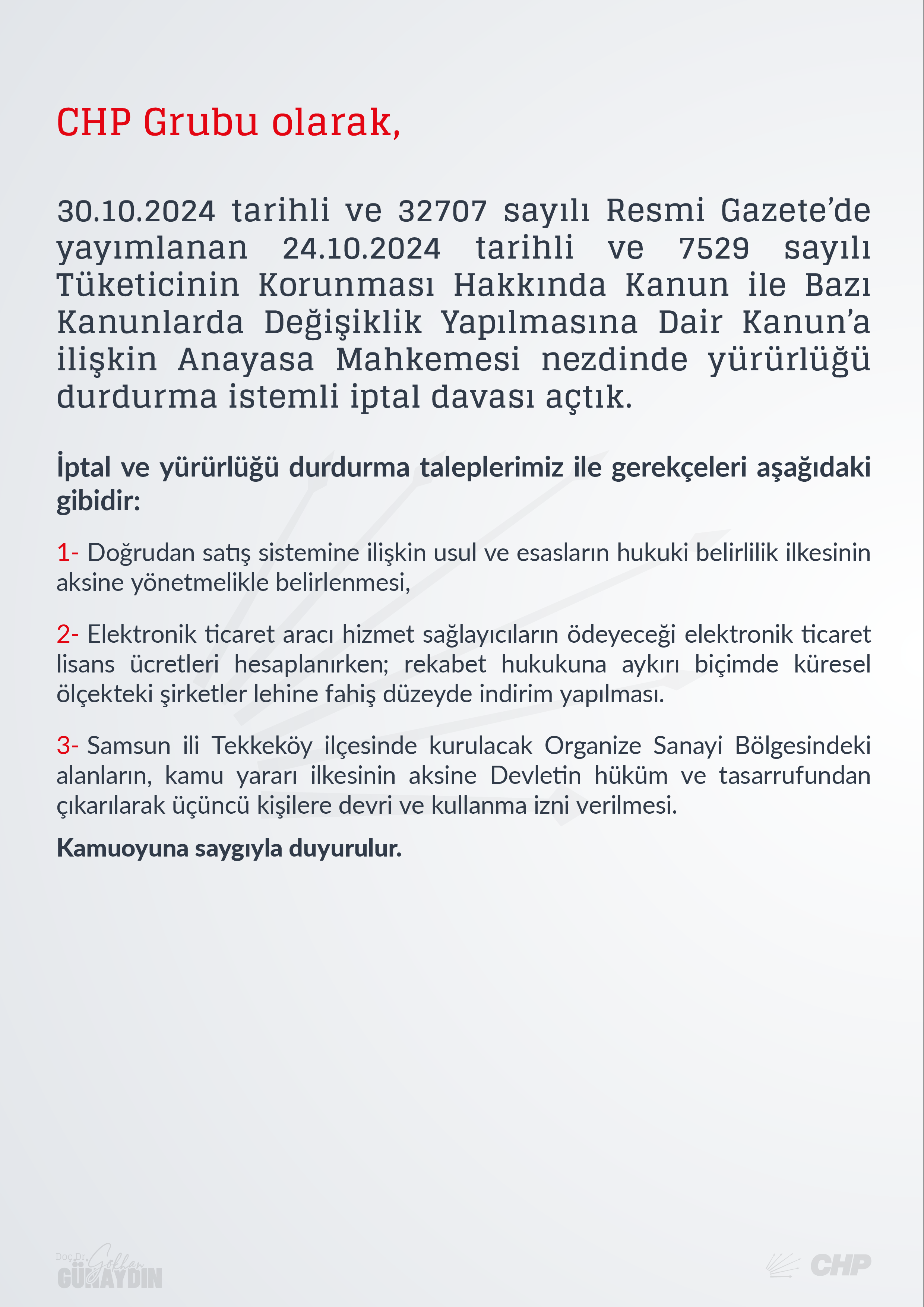 Tüketicinin Korunması Hakkında Kanun'un Anayasa'ya aykırı hükümlerinin yürütmesinin durdurulması ve iptali için AYM'ye başvuruda bulunduk.