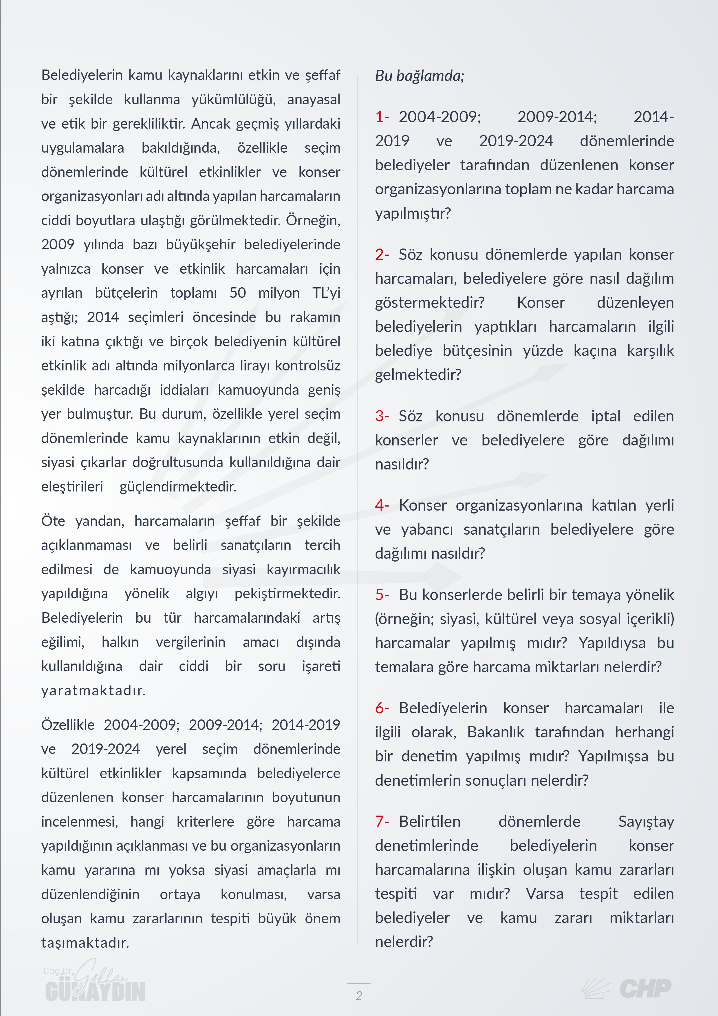 Çevre, Şehircilik ve İklim Değişikliği Bakanı Murat Kurum'a belediyelerce düzenlenen konser harcamaları ile bu harcamaların belediyelere göre dağılımını sorduk!