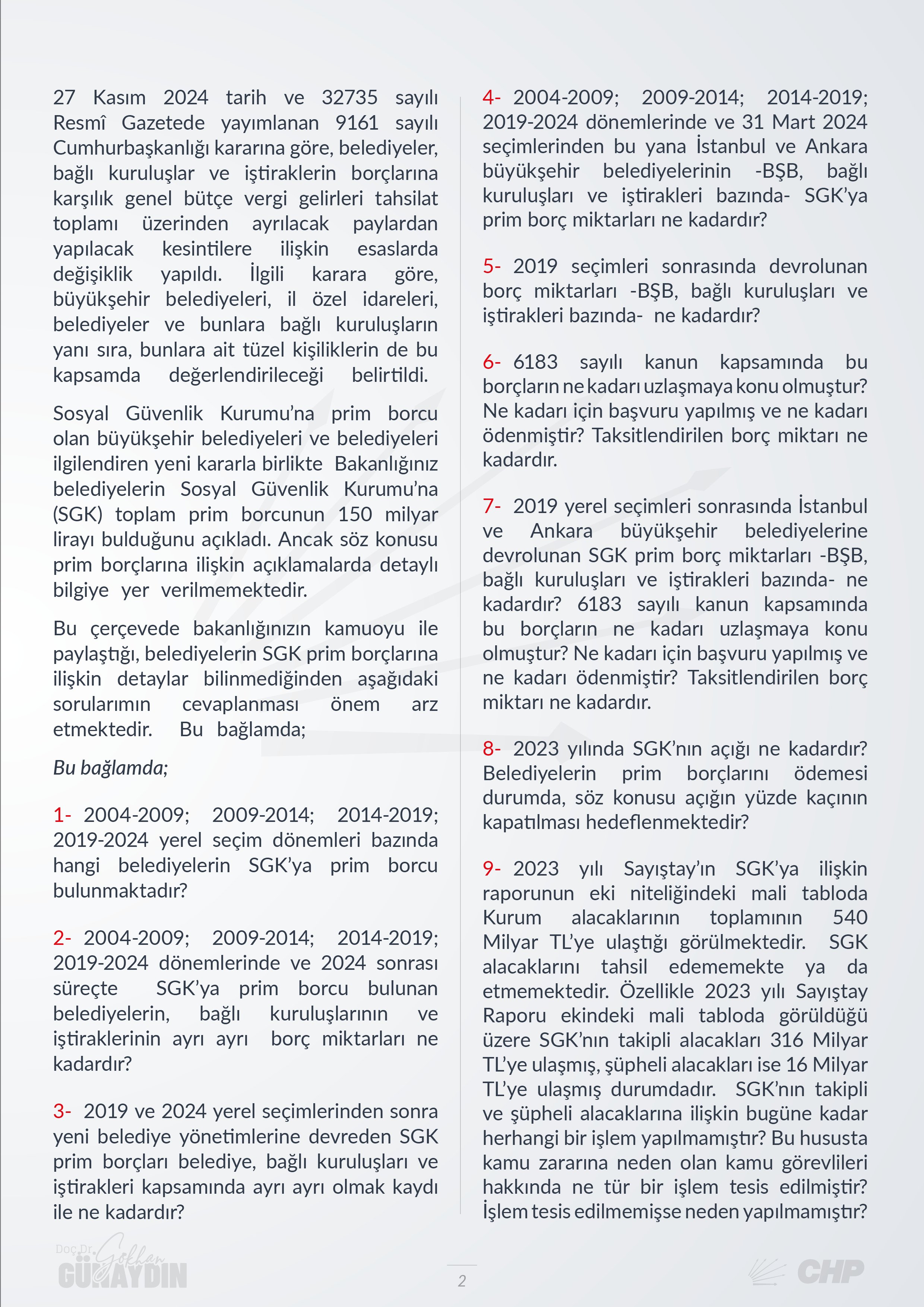 Belediyelerin SGK Borçları Hakkında Soru Önergesi