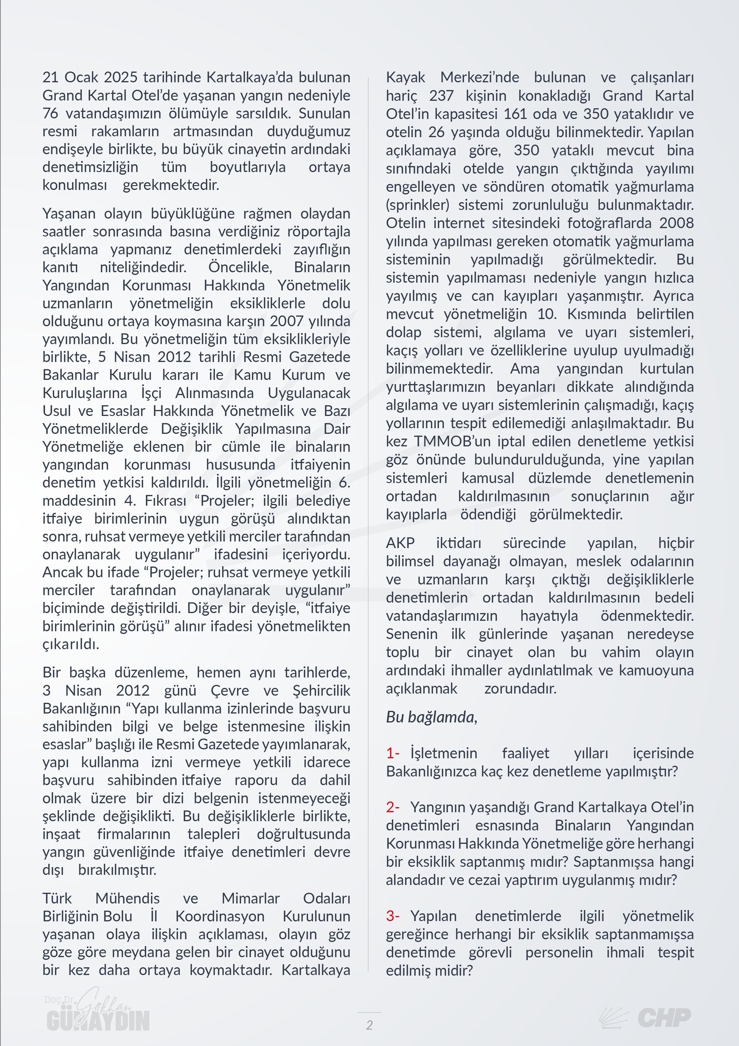 Bolu - Kartalkaya'da Yaşanan Yangın Faciası Hakkında Soru Önergesi