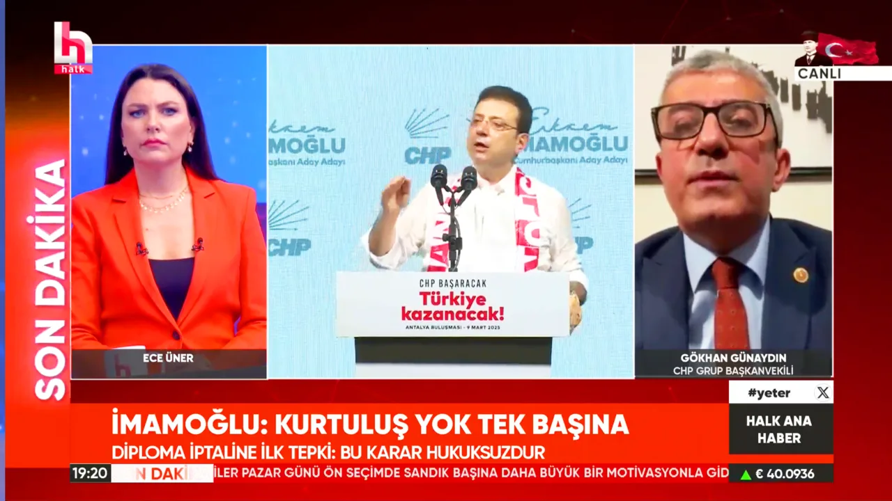Cumhuriyet Halk Partisi Grup Başkanvekili Gökhan Günaydın Halk TV'de Ekrem İmamoğlu'nun diplomasının iptal edilmesine ilişkin değerlendirmelerde bulundu.
