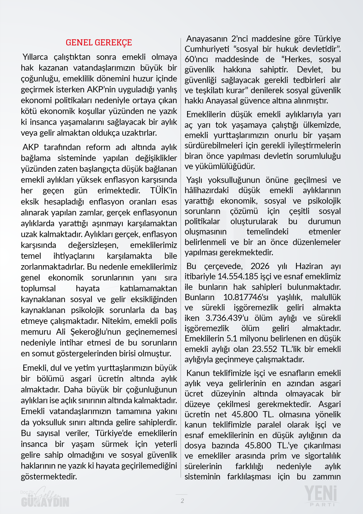 Yeni Parti Emeklilere Seyyanen Zam Kanunu Teklifi - 02