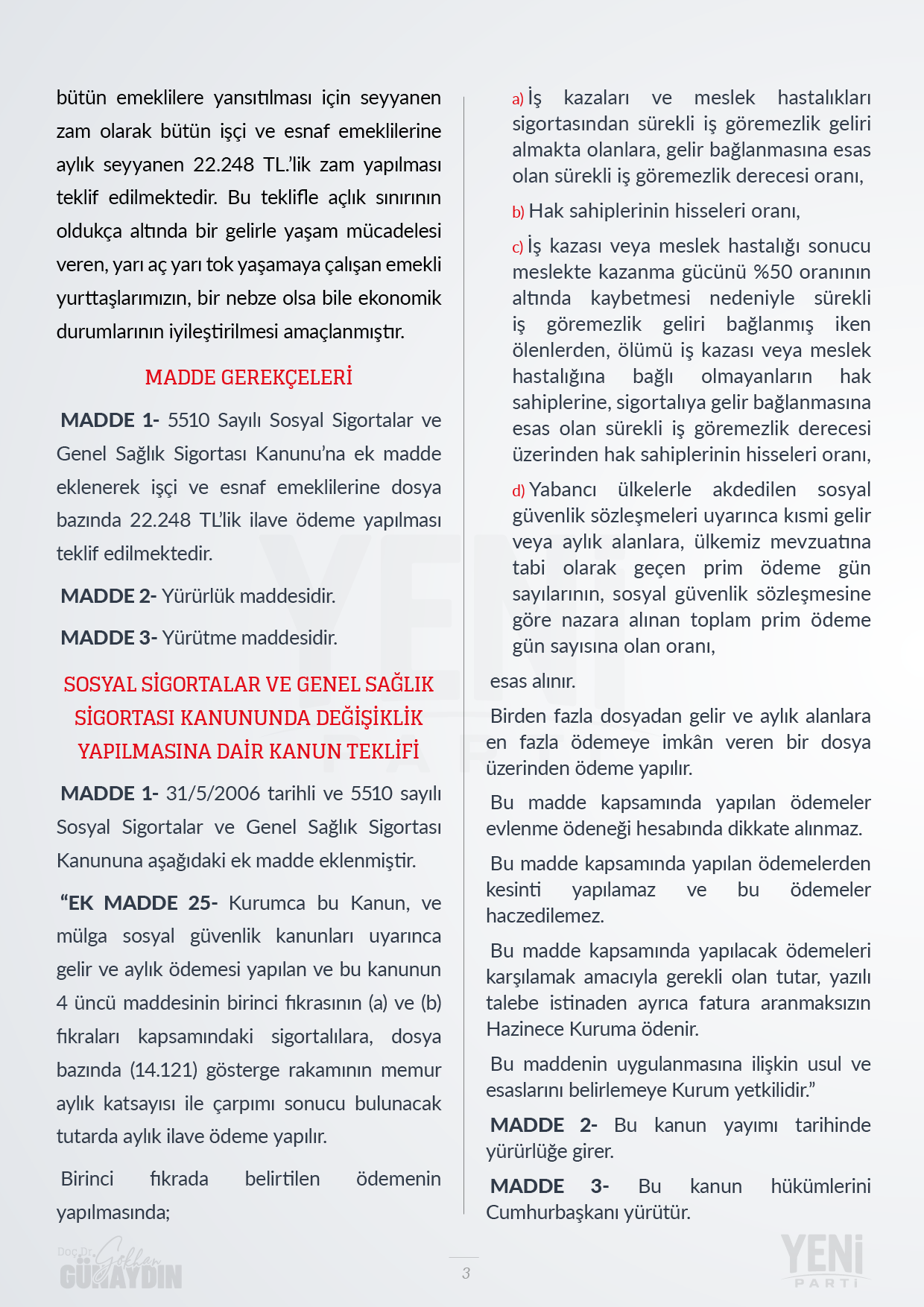 Yeni Parti Emeklilere Seyyanen Zam Kanunu Teklifi - 03