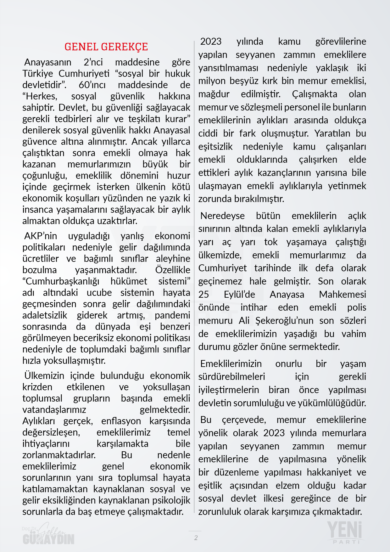 Yeni Parti Memur ve Emeklisi Seyyanen Zam Kanunu Teklifi - 02